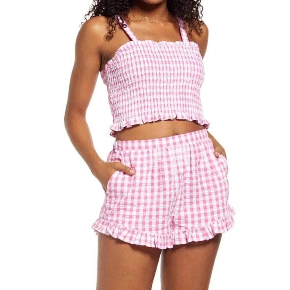 BP Women Smocked Pink Plaid Ibis Gingham Cropped Tank XL NWT